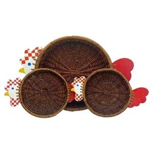 Vintage Kitchen Tray & Coasters Chicken Hen Country Wicker Rattan Brown Set of 3